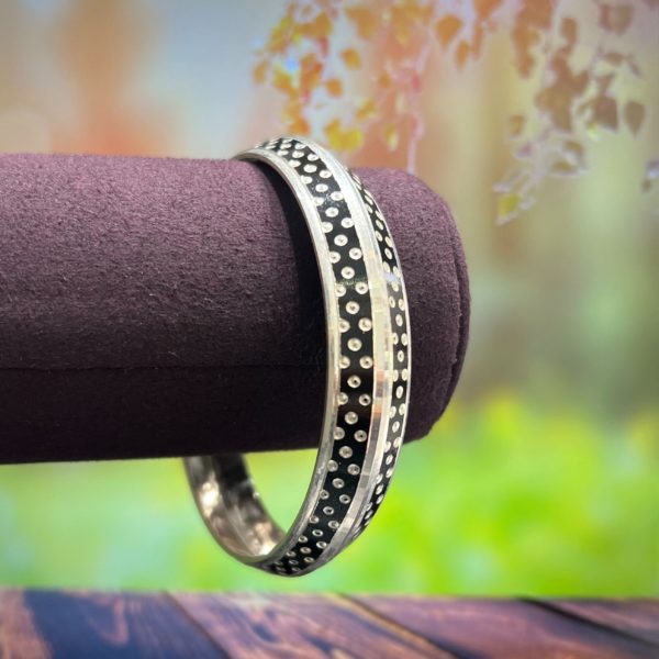 Silver Black Patterned Kada For Him
