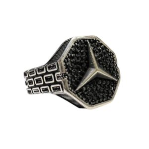 Silver Oxidised Mercedes Logo Ring