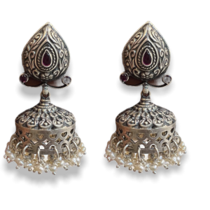 Silver Pearl Oxidised Jhumki Earrings