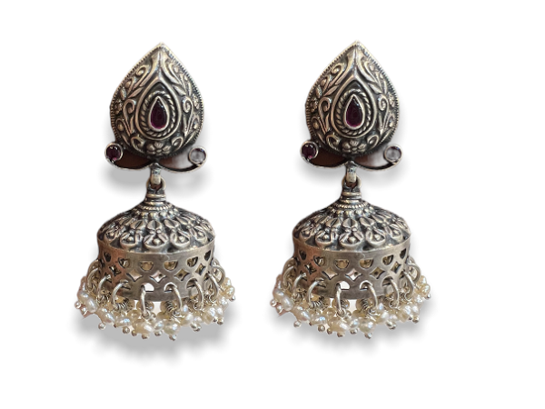 Silver Pearl Oxidised Jhumki Earrings