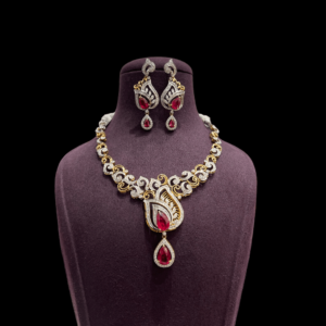 White Diamond 14KT Red Stone Necklace Set