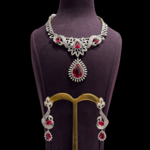 Red Stone Diamond Necklace Set For Women