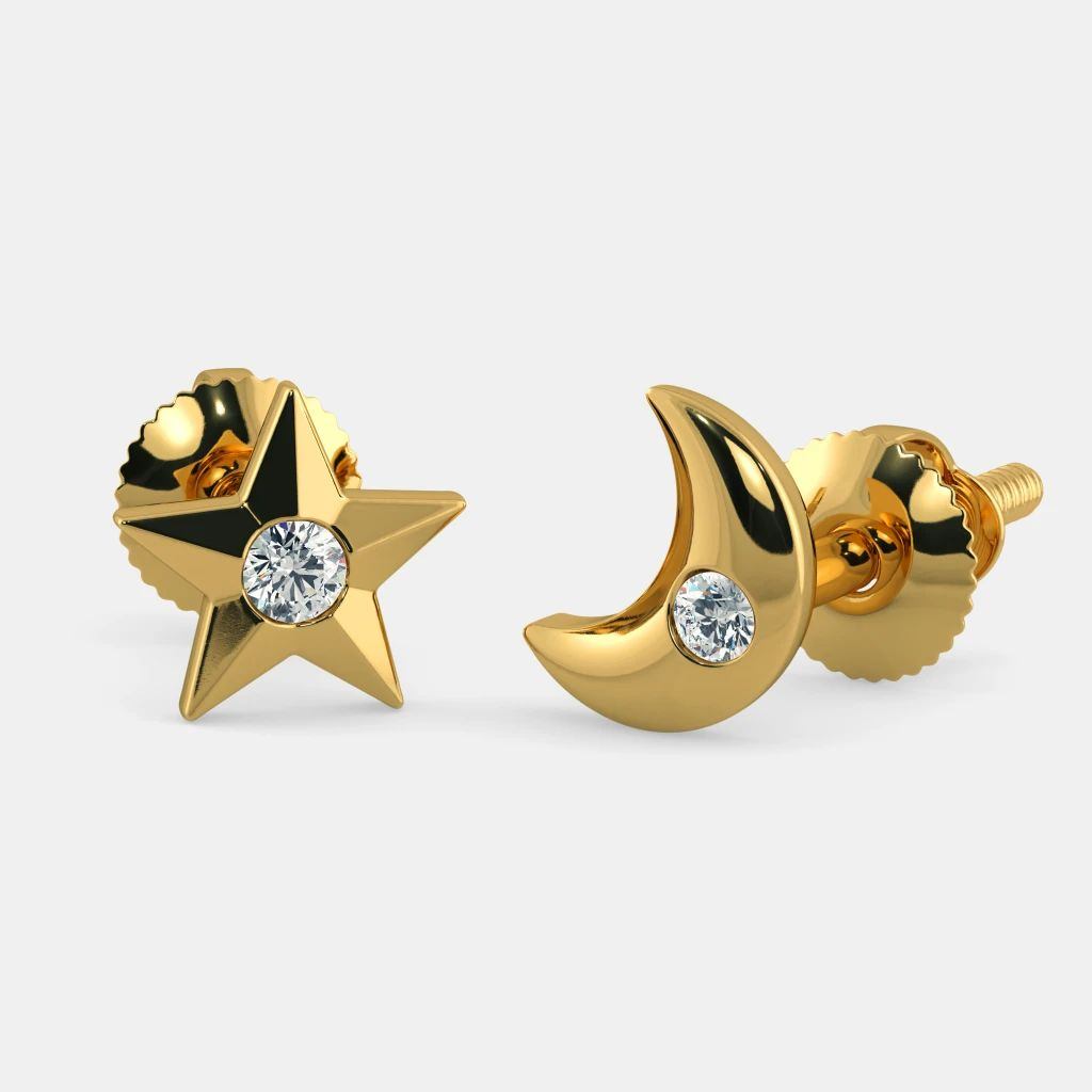 Gold Celestial Star Double Studs with Wrap Dangling Chain Earrings 14k Gold  | eBay
