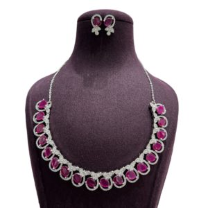 Sterling Silver Pink Stones Necklace With Earrings Set