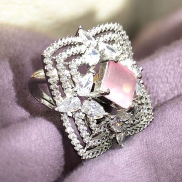 Sweet Pink Diamond Look Silver Ring